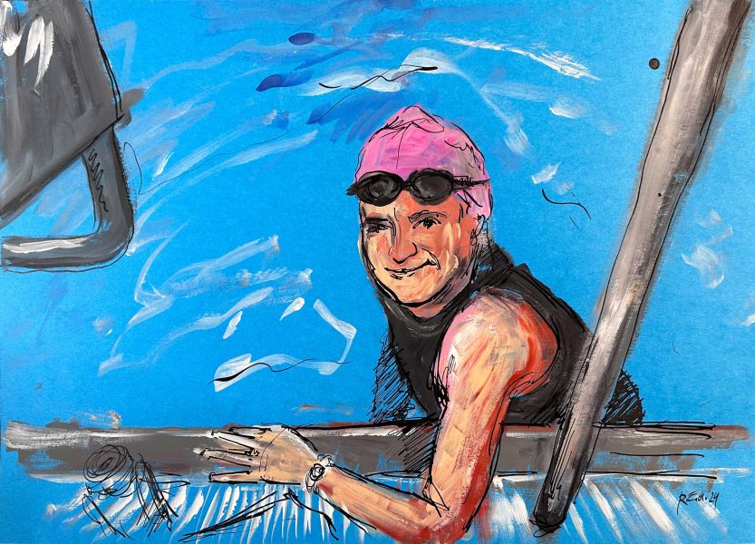 Gemälde "am Pool 1" von Rudolf E. Mitter – Schwimmerin mit pinker Badekappe an der Poolkante, Mischtechnik