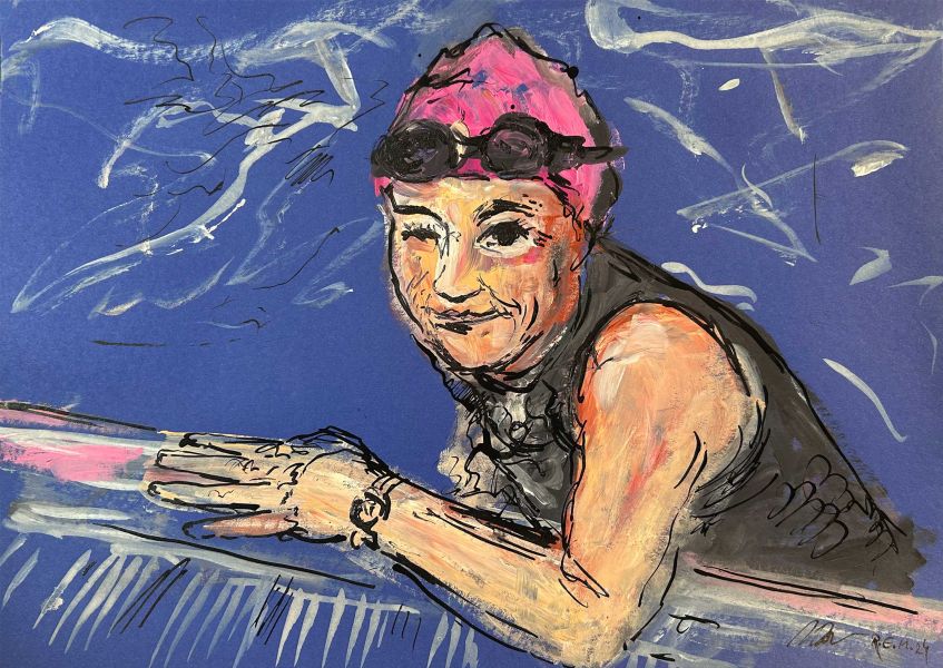 Gemälde "am Pool 2" von Rudolf E. Mitter – Schwimmerin mit pinker Badekappe, gestisch-malerische Darstellung