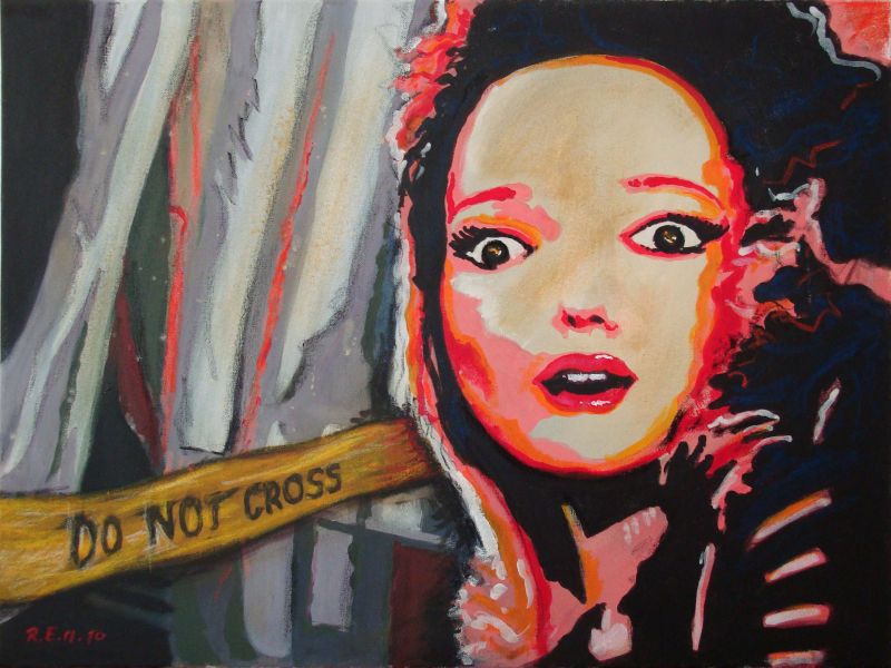 Gemälde "Do not cross" von Rudolf E. Mitter – Gesicht mit aufgerissenen Augen hinter Absperrband, expressiv. 