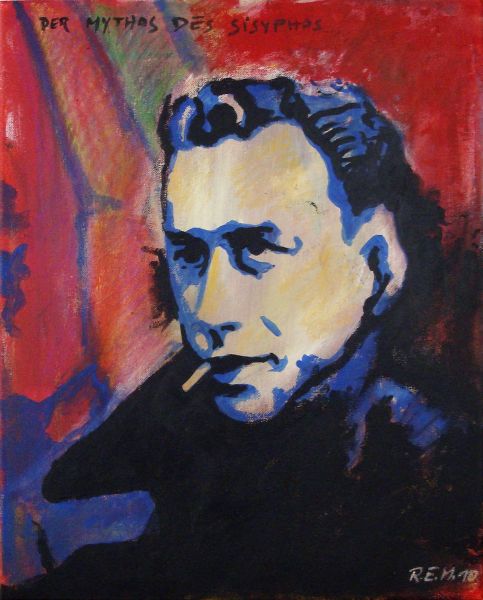 Gemälde "Der Mythos des Sisyphos" von Rudolf E. Mitter – figurative Auseinandersetzung mit Albert Camus' philosophischem Werk