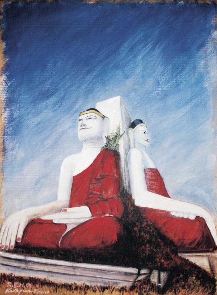 Ölgemälde "Kyaikpun Pegu Buddha" von Rudolf E. Mitter – Darstellung der sitzenden Buddha-Statuen von Kyaikpun in Pegu, Myanmar