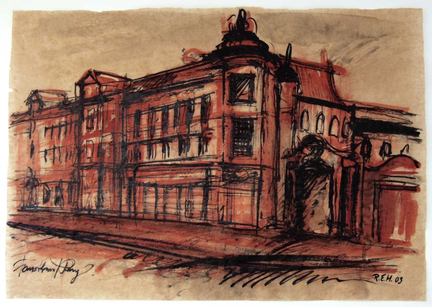 Gemälde "Strassenzug" von Rudolf E. Mitter – Stadtansicht, Tuschezeichnung